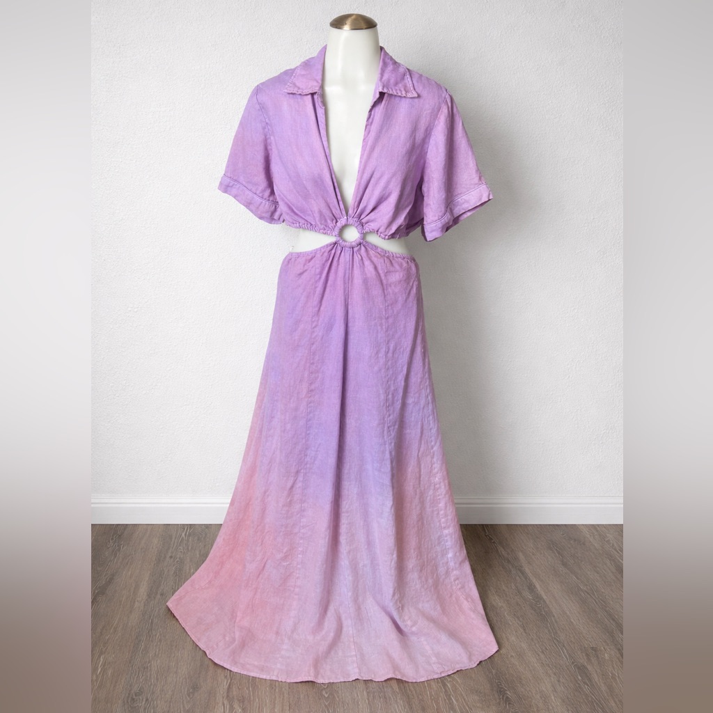Dissh Lilac Linen Tie Dye Ombr Collard Curt Out Dress Size 12